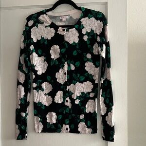 Merona Black Floral Button-Down Sweater with White Flowers & Green Leaves